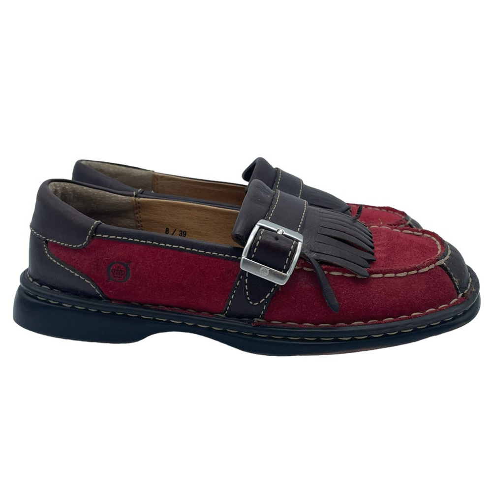 Born Womens Loafer Flat Shoes Red Black Suede Slip On Kiltie Stitching 8 M - Picture 4 of 9